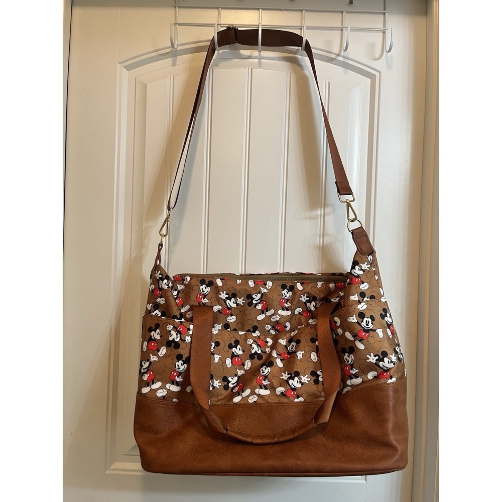 Mickey Mouse Tote/Travel Bag Brown With Pattern Faux Leather Accents 14x19x8